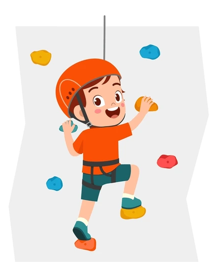Cartoon child climbing a wall with colorful holds